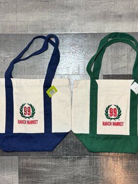99 Ranch Market Mini Canvas Tote Bag Set - Green & Navy Blue (2-Pack, BNWT)